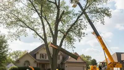 Arborists performing residential tree removal with cranes and chainsaws in Overland Park, KS