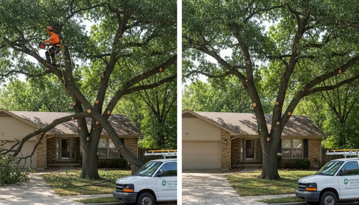 Arborist performing canopy lift tree trimming for driveway clearance in Overland Park, KS