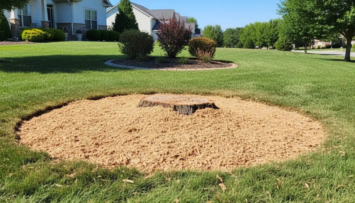 Finished stump grinding with wood chips after professional stump removal in Overland Park, KS