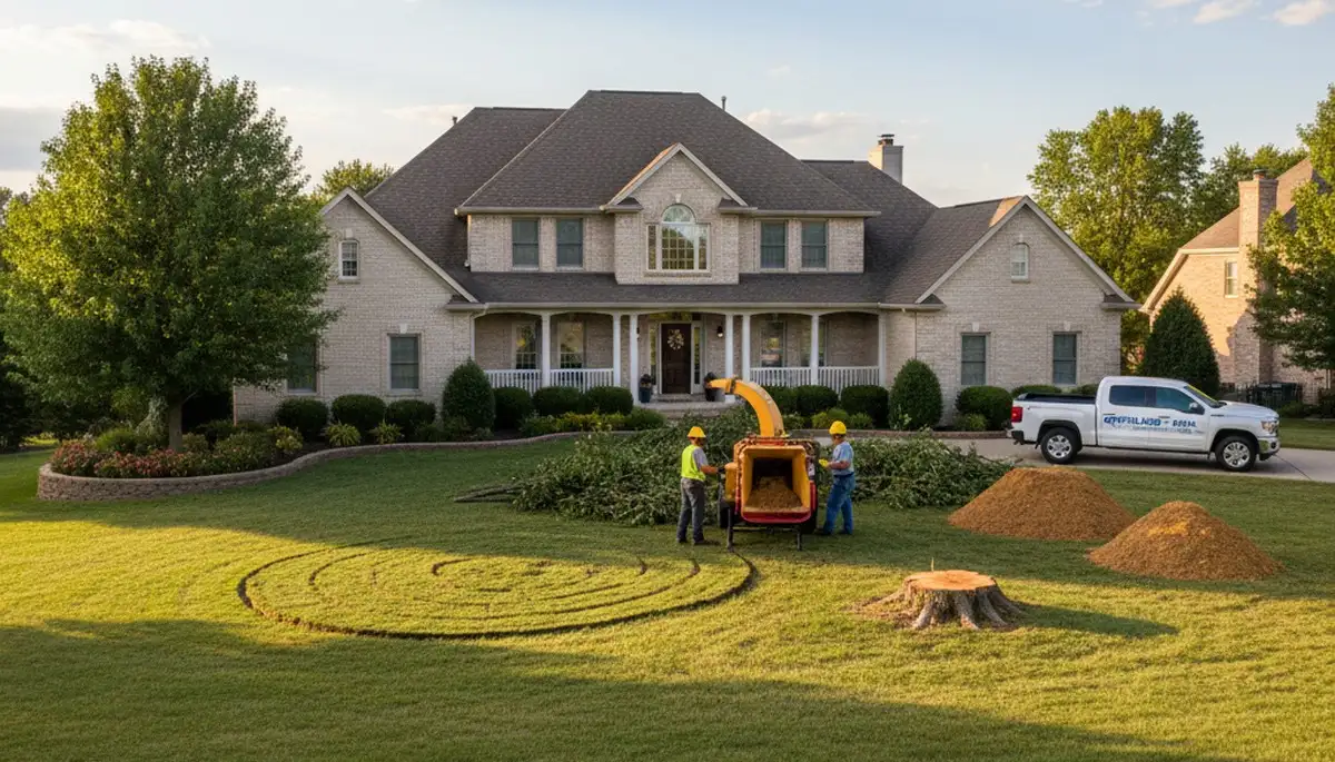 Completed tree removal and stump grinding at Overland Park, KS home with clean, restored yard