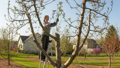 Arborist pruning fruit tree in Overland Park KS backyard orchard with professional tree service tools