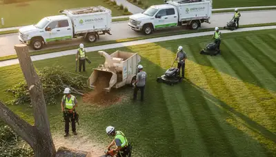 Professional lawn and tree service team working in Overland Park, KS yard