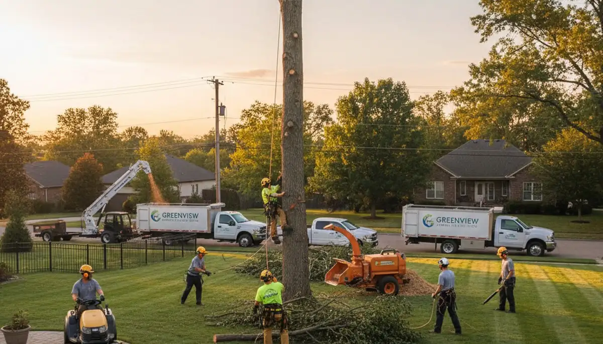 Professional lawn and tree service crew working in Overland Park, KS yard