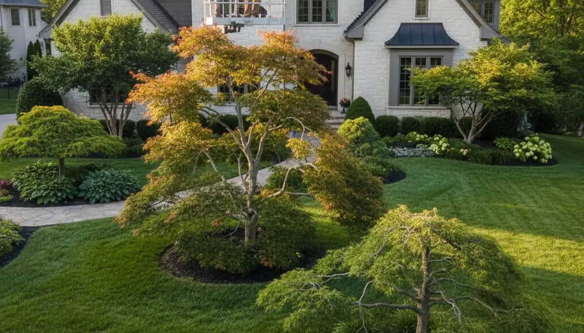 Arborist hand pruning ornamental Japanese maple for refined landscape design in Overland Park, KS