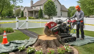 Professional stump grinding equipment removing tree stumps in Overland Park, KS yard