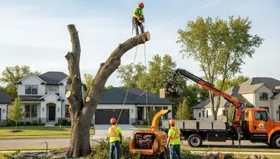 Professional tree removal crew working in Overland Park, KS yard for safe tree service