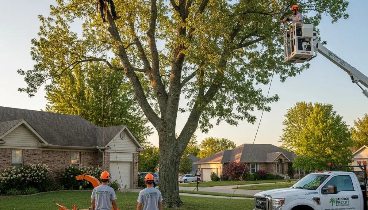 Professional tree removal service in Overland Park KS safely cutting and clearing large oak tree