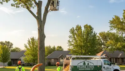 Professional tree removal service in Overland Park KS safely cutting large oak near residential property