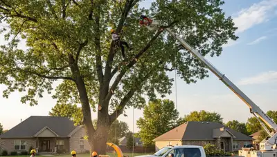 Professional tree removal service in Overland Park KS safely cutting large oak near suburban home