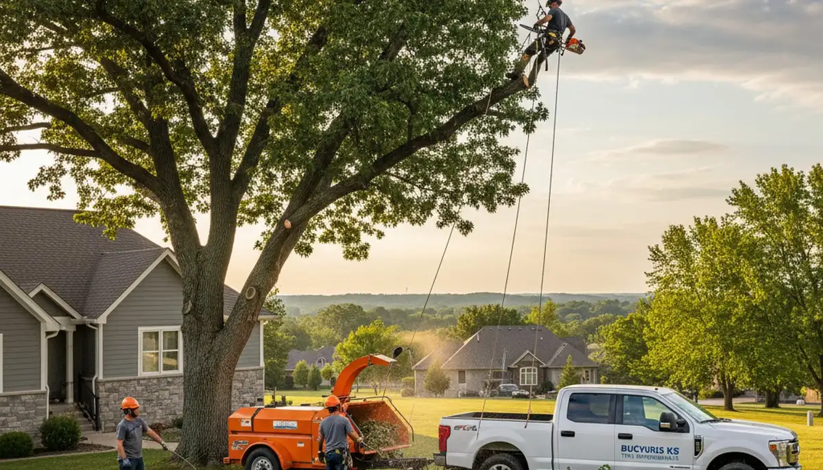 Professional tree removal service in Overland Park KS safely cutting and clearing large oak tree