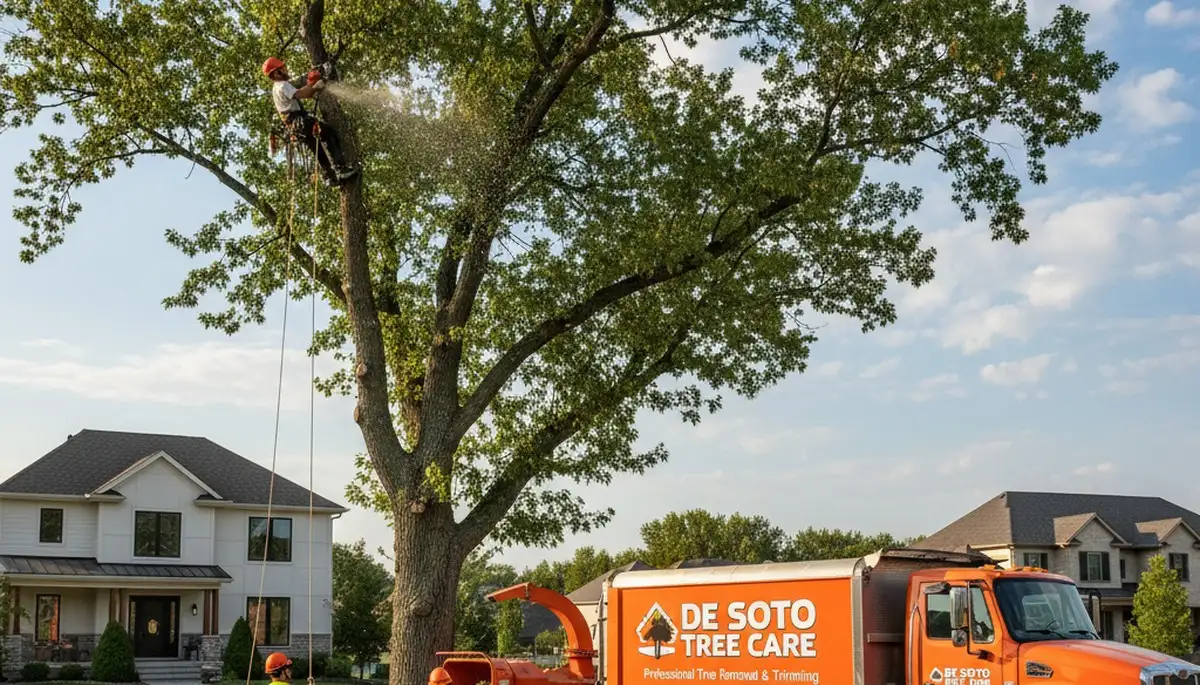 Professional tree removal service in Overland Park KS safely cutting and hauling large oak tree