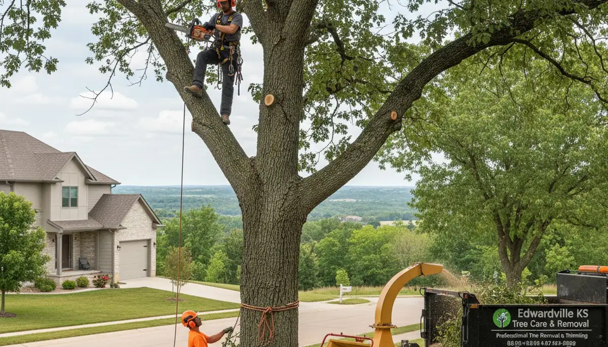 Professional tree removal service in Overland Park KS safely cutting and clearing large oak tree
