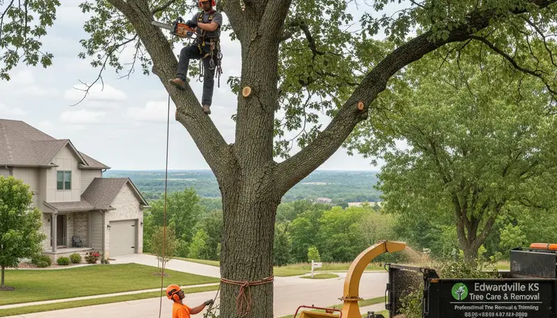 Professional tree removal service in Overland Park KS safely cutting and clearing large oak tree