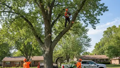 Professional tree removal service in Overland Park KS safely clearing large oak tree branches