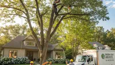 Arborist trimming oak tree in Overland Park, KS for Chop Chop Tree professional tree service