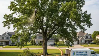 Professional tree removal service in Overland Park KS safely cutting and clearing large oak tree