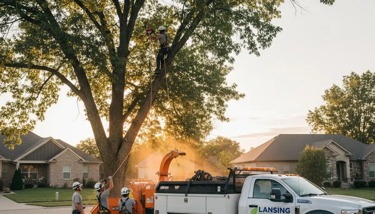 Professional tree removal service in Overland Park KS safely cutting down large oak tree