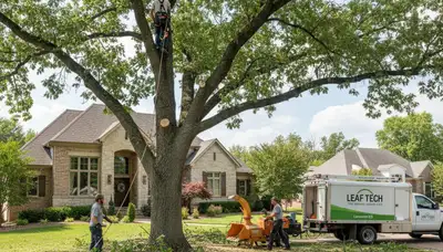 Professional tree removal service in Overland Park KS safely cutting and clearing large oak tree