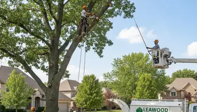 Professional tree removal service in Overland Park KS safely cutting large oak tree
