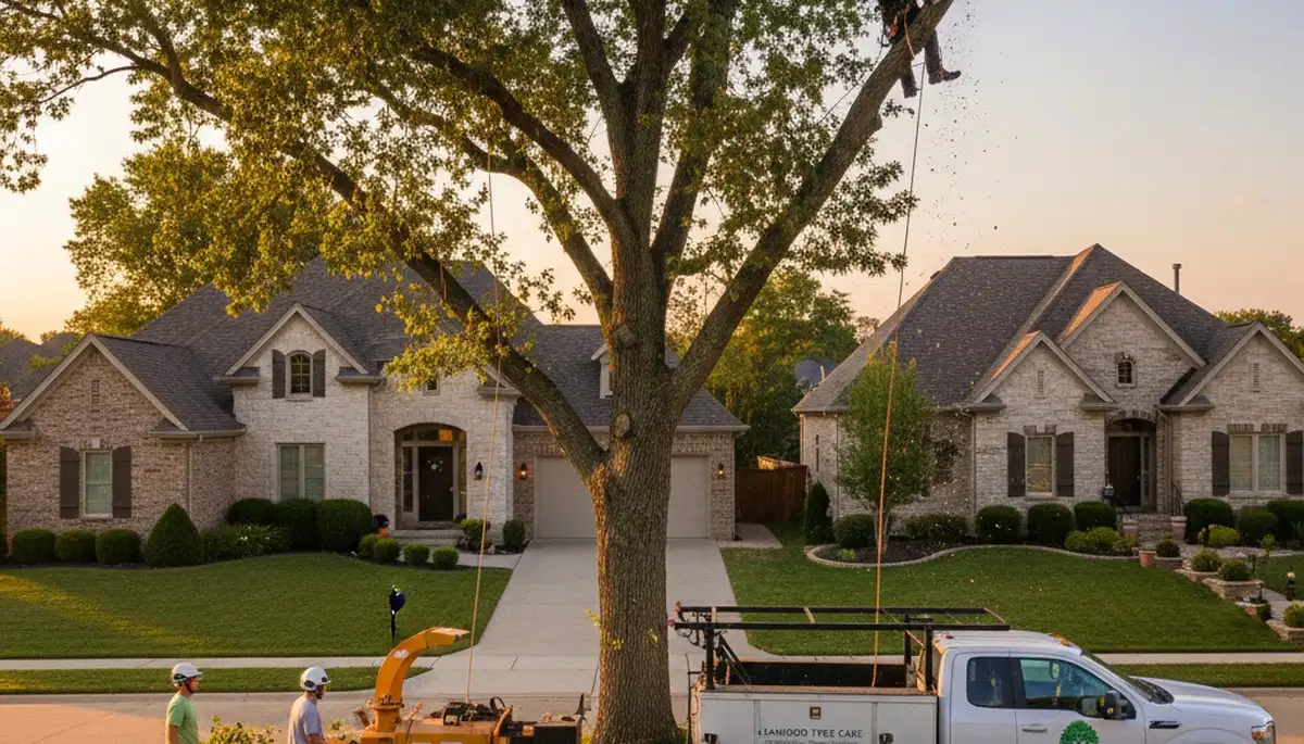 Professional tree removal service in Overland Park KS safely cutting and clearing large oak tree