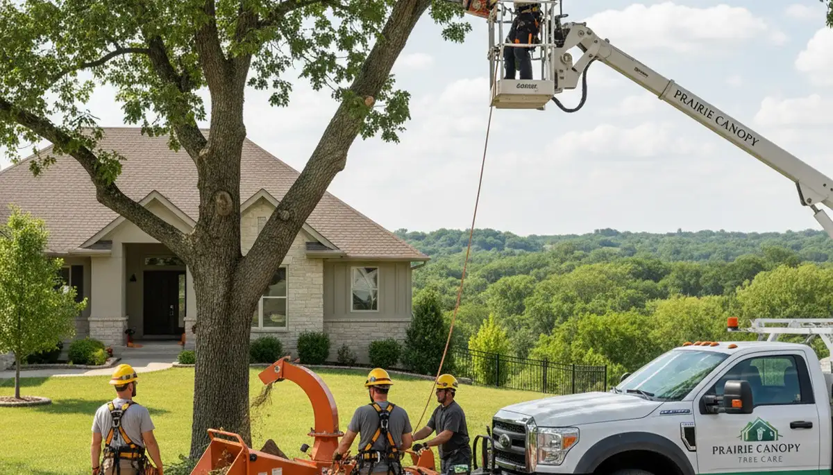 Professional tree removal service in Overland Park KS safely clearing large oak tree