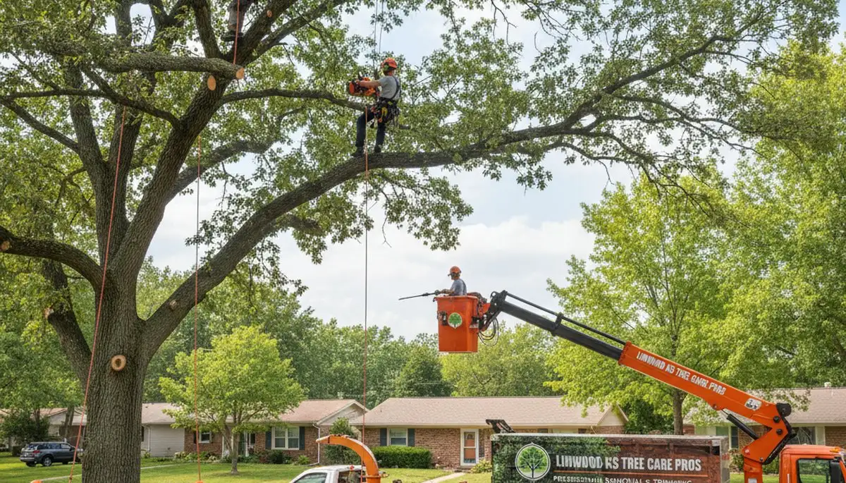 Professional tree removal service in Overland Park KS safely cutting and hauling large oak tree