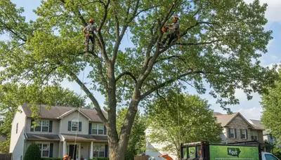 Professional tree removal service in Overland Park KS safely cutting and hauling large oak tree