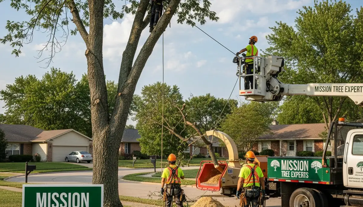 Professional tree removal service in Overland Park, KS safely cutting large oak trees