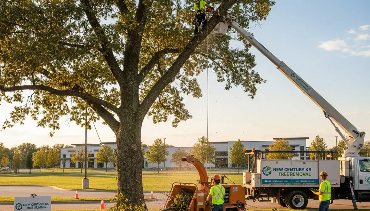 Professional tree removal service in Overland Park KS safely cutting down large backyard oak tree