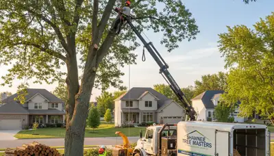 Professional tree removal service in Overland Park KS safely cutting and clearing large oak tree