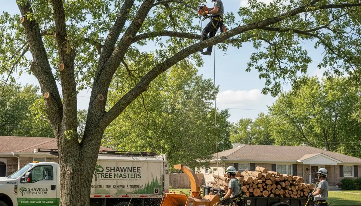 Professional tree removal service in Overland Park KS safely clearing large backyard oak tree