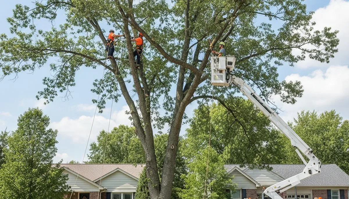 Professional tree removal service in Overland Park KS safely cutting large oak near a residential home