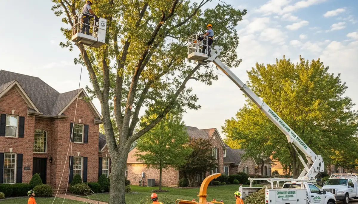 Professional tree removal service in Overland Park, KS safely cutting large oak tree