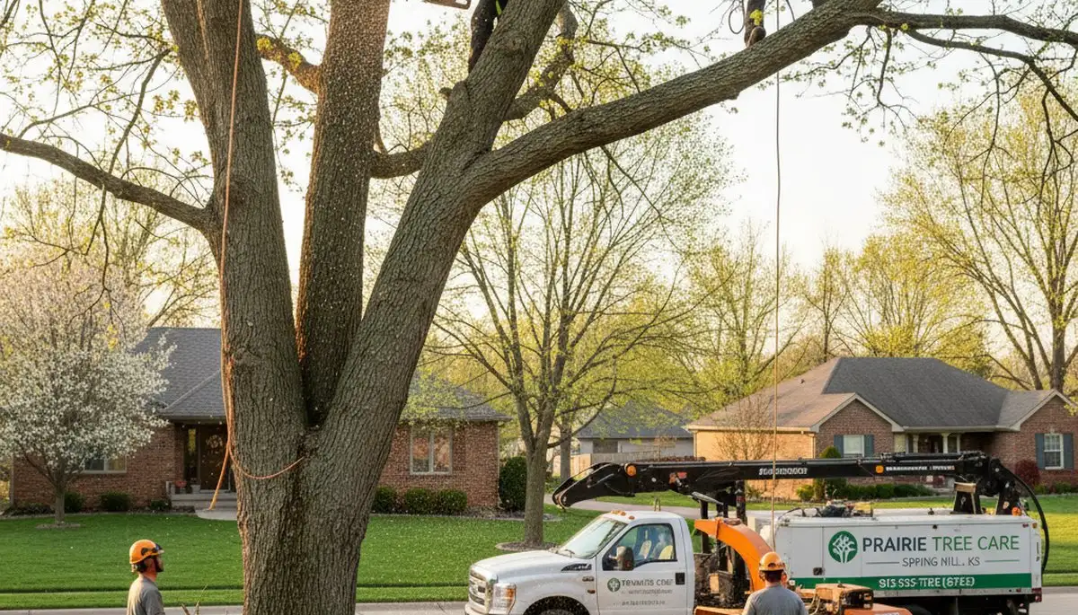 Professional tree removal service team in Overland Park KS safely cutting large oak tree